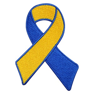 May include: A yellow and blue ribbon, a symbol of awareness and support.