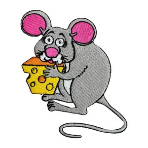 May include: A cartoon mouse with pink ears and a grey body is holding a yellow wedge of cheese with orange holes. The mouse has a pink nose and a white belly.