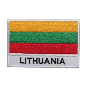 May include: An embroidered patch featuring the Lithuanian flag with yellow, green, and red stripes. The patch has a white border and the word "LITHUANIA" printed below the flag.