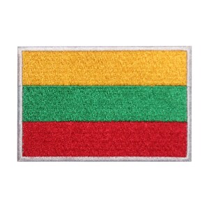 May include: An embroidered patch of the Lithuanian flag. The flag is yellow, green, and red with a white border.