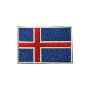 May include: An embroidered patch featuring the flag of Iceland, with a blue background and a red cross.