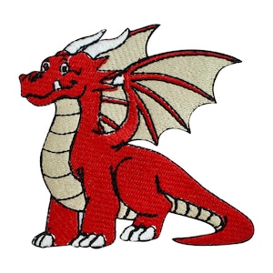 May include: Red embroidered iron-on patch of a cartoon dragon with a beige belly and wings.