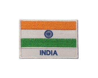 May include: An embroidered patch featuring the Indian flag with the colours orange, white, and green. The flag has a blue wheel in the centre. The words "INDIA" are printed in blue below the flag.