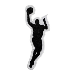 May include: Black silhouette of a basketball player in mid-air, shooting a basketball. The player is outlined in white.