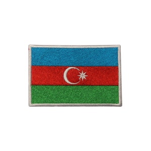 May include: Embroidered patch of the Azerbaijani flag. The flag is blue, red, and green with a white crescent moon and star in the center.
