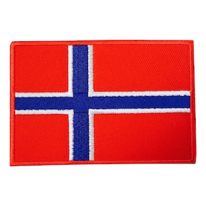 May include: A red, white, and blue embroidered patch featuring the flag of Norway.
