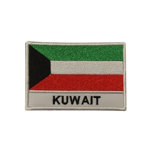 May include: An embroidered patch featuring the flag of Kuwait. The patch is white with a green, white, red, and black flag in the center. The word "KUWAIT" is written in black below the flag.