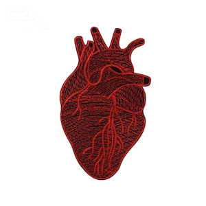 May include: Red embroidered anatomical heart patch. The heart is detailed with veins and arteries.