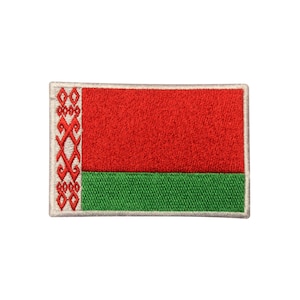 May include: Embroidered patch of the Belarusian flag. The flag is red and green with a white border and a traditional Belarusian pattern in the top left corner.