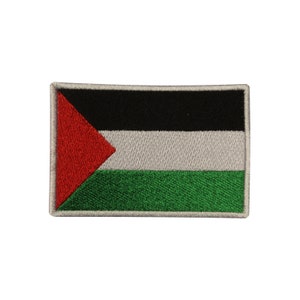 May include: An embroidered patch featuring the Palestinian flag. The flag is a horizontal tricolor of black, white, and green with a red triangle on the hoist side.