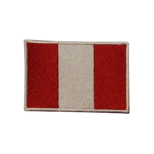 May include: A red, white, and red embroidered patch with a white border. The patch is a representation of the flag of Peru.