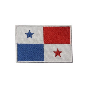 May include: Embroidered patch featuring the flag of Panama. The rectangular patch has a white border and a design of four quadrants: blue, white, red, and white. Two five-pointed stars, one blue and one red, are in the white quadrants.