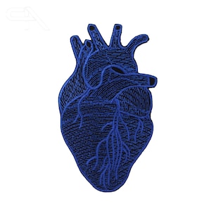 May include: Blue embroidered patch of a human heart. The heart is detailed with veins and arteries.