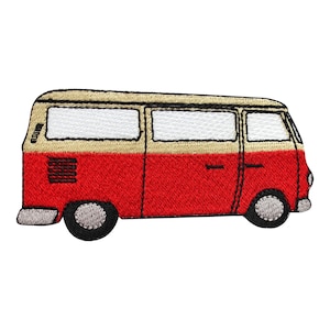 May include: Red and beige embroidered iron-on patch of a vintage Volkswagen van.