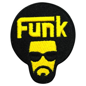 May include: Black and yellow embroidered patch with the word "Funk" in yellow letters above a yellow face with black sunglasses and a mustache.