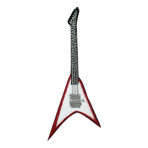 May include: An embroidered patch of an electric guitar, featuring a white body with a red outline, a black neck and a grey outline.