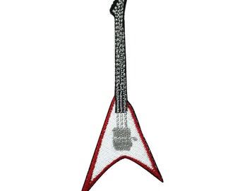 Peut inclure: Un patch brodé représentant une guitare électrique. La guitare est blanche avec un contour rouge, un manche noir et un contour gris.