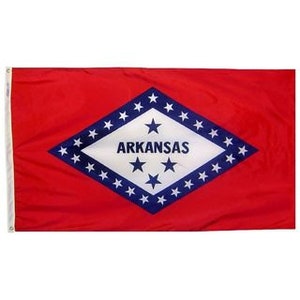 May include: A red flag with a blue diamond shape containing white stars and the word "ARKANSAS" in white letters.