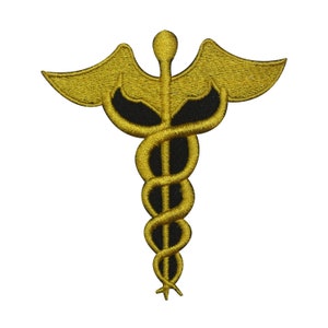 May include: A gold embroidered medical symbol with a black snake and wings.