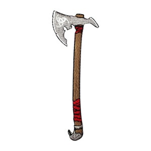 May include: Embroidered patch of a Viking axe. The silver axe head has a Celtic knot design. The brown wooden handle is wrapped with red and white thread. The axe is a symbol of strength.