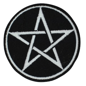 May include: A black and white embroidered patch featuring a pentagram, or five-pointed star, inside a circle. The pentagram is white and the circle is black.
