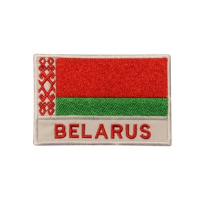 May include: Embroidered patch featuring the flag of Belarus. The flag is red and green with a white border and the word "BELARUS" in red lettering.