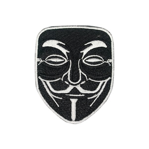 May include: Black and white embroidered patch of the Anonymous mask, a stylised face with a wide smile and a thin line for a nose.