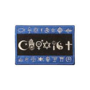 May include: Blue and black embroidered patch with the word "Coexist" in white lettering surrounded by various religious symbols. The symbols include a crescent moon, a hand, a peace sign, a Star of David, a yin yang, and a cross.