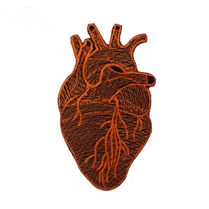May include: Orange embroidered anatomical heart patch. The heart is detailed with veins and arteries.