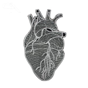 May include: Embroidered patch depicting an anatomical heart. The patch is predominantly black, with white stitching used to define the heart's structure, including chambers and vessels. The design is a stylized representation of a human heart.