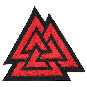 May include: Red and black embroidered patch with a triangular design. The design is a triple interlocking triangle, also known as the Valknut.