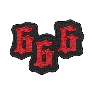 May include: Black and red embroidered patch with the number 666 in a gothic font.