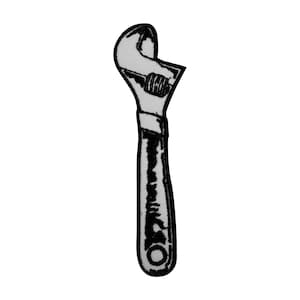 May include: A black and white illustration of an adjustable spanner. The spanner is shown vertically, with detailed outlines and shading to give a three-dimensional effect. The design is simple and clean, suitable for various applications.