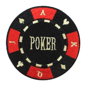 May include: A black and red poker chip with white stitching. The chip has the word "POKER" in white lettering and the numbers 1, 10, J, Q, K, and A in red lettering.
