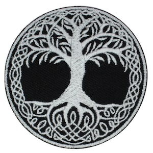 May include: White embroidered Celtic tree of life design on a black circular patch.