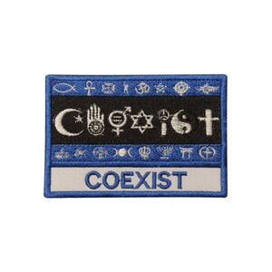 May include: A blue and white embroidered patch with the word "COEXIST" in white lettering. The patch features a variety of religious symbols, including a Star of David, a crescent moon, a cross, and a yin-yang symbol.