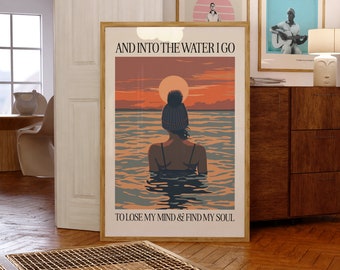 Impression d'art nage en eau libre - Dans l'eau, je vais perdre la tête et trouver mon âme - Poster de natation en mer - Cadeau nageur