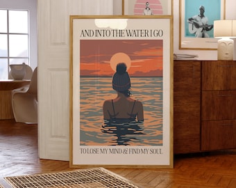 Poster Sur Toile 'Into The Water I Go' – Motif Nageur Lever/Coucher De Soleil Abstrait, Toile Murale Inspirante 40,6 X 61 Cm Sans Cadre