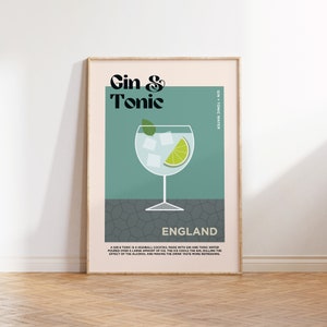 Cartel de cóctel Gin & Tonic - Impresión de cóctel retro, cartel de viaje, decoración de la pared de la cocina, Boho, mediados de siglo