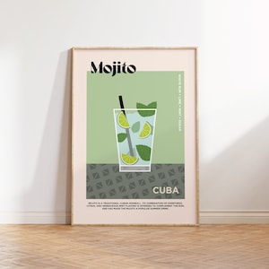 Cartel de cóctel Mojito - Impresión de cóctel retro, cartel de viaje, decoración de la pared de la cocina, Boho, mediados de siglo