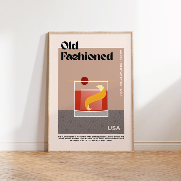 Old Fashioned Cocktail Poster - Retro Cocktail Print, Travel Poster, Kitchen Wall Decor, Boho, Mid Century