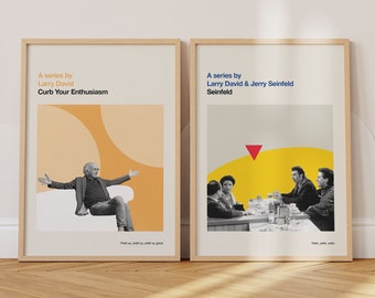 May include: Two framed posters with minimalist designs featuring the titles "Curb Your Enthusiasm" and "Seinfeld". The posters feature black and white images of the shows' main characters, Larry David and Jerry Seinfeld, respectively.