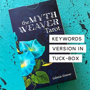 May include: A tarot card deck box titled "the MYTH WEAVER Tarot" with a dark blue background and floral illustrations. The box features the name "Lalania Simone" and the words "KEYWORDS", "VERSION IN", and "TUCK-BOX".