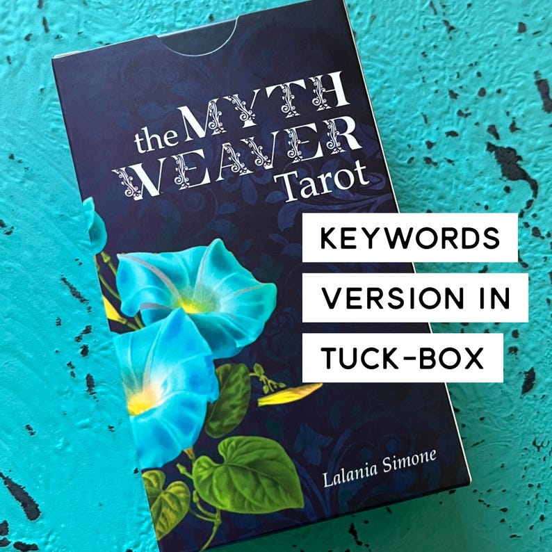 May include: A tarot card deck box titled "the MYTH WEAVER Tarot" with a dark blue background and floral illustrations. The box features the name "Lalania Simone" and the words "KEYWORDS", "VERSION IN", and "TUCK-BOX".