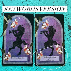 May include: Two tarot cards with a black silhouette of a mythical figure playing a flute on a purple backdrop. The cards have white and red floral details and the text "The Boundless One" and "Pan". The text "innocence &bull; trust" is also present.