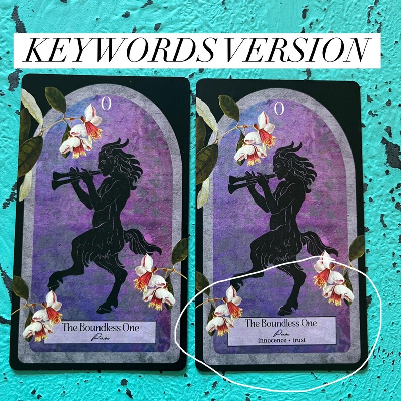 May include: Two tarot cards with a black silhouette of a mythical figure playing a flute on a purple backdrop. The cards have white and red floral details and the text "The Boundless One" and "Pan". The text "innocence &bull; trust" is also present.