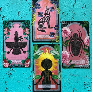 May include: Four tarot cards featuring illustrations of a wolf, a spider, and a figure with a sun-like halo. The cards have floral and geometric designs, with text including "4 of Wands", "9 of Wands", "6 of Wands", and "2 of Wands".