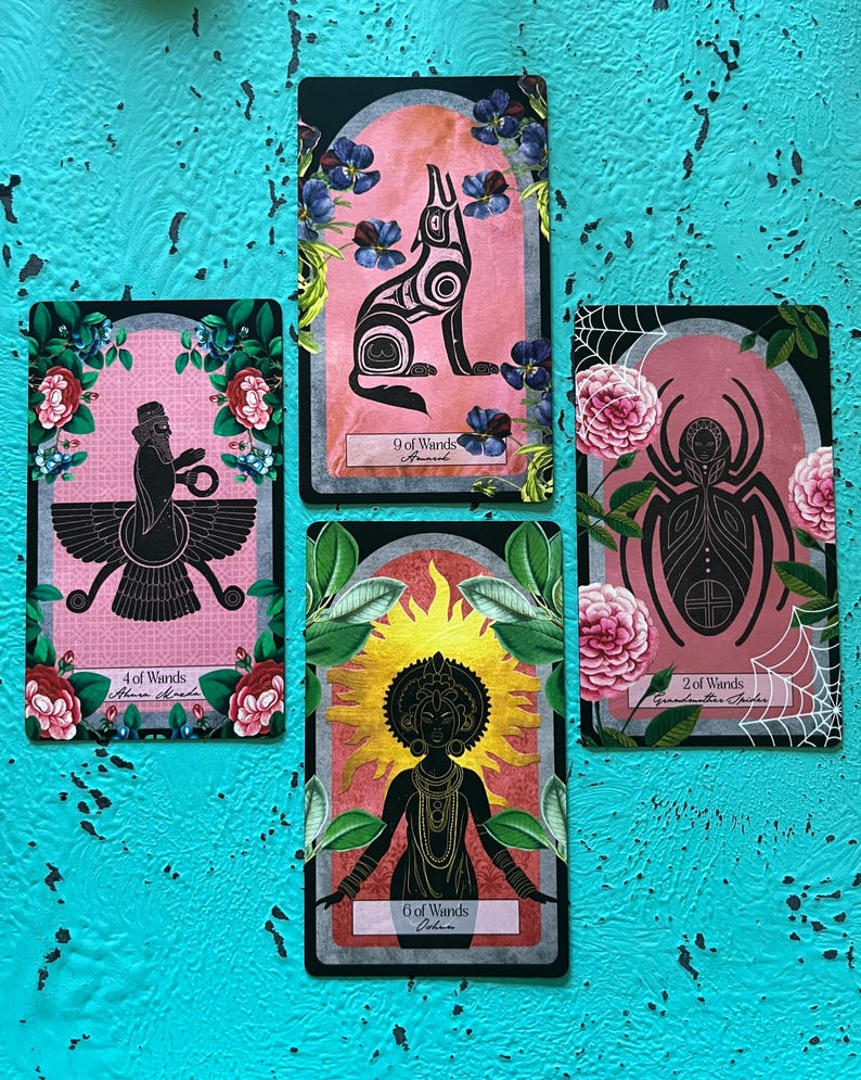 May include: Four tarot cards featuring illustrations of a wolf, a spider, and a figure with a sun-like halo. The cards have floral and geometric designs, with text including "4 of Wands", "9 of Wands", "6 of Wands", and "2 of Wands".