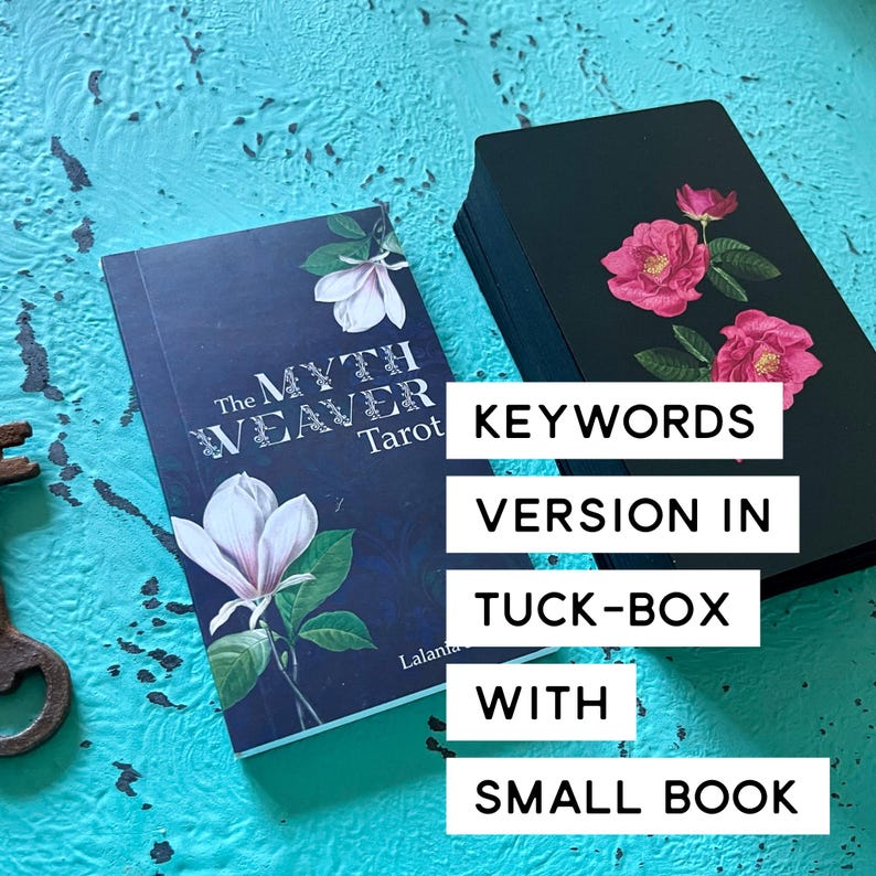 May include: A tarot deck with a navy blue tuck box and a small book. The tuck box features a white magnolia flower and the text "The Myth Weaver Tarot." The deck of cards has a black background with pink roses.