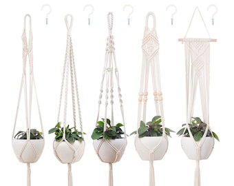 5 Pack Macrame Plant Hanger and 5PCS Hooks Indoor Hanging Planter Basket Decorative Flower Pot Holder for Home Decor